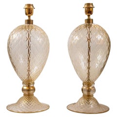 Vintage Pair of Veronese table lamps Clear glass with Gold inclusion by Alberto Dona