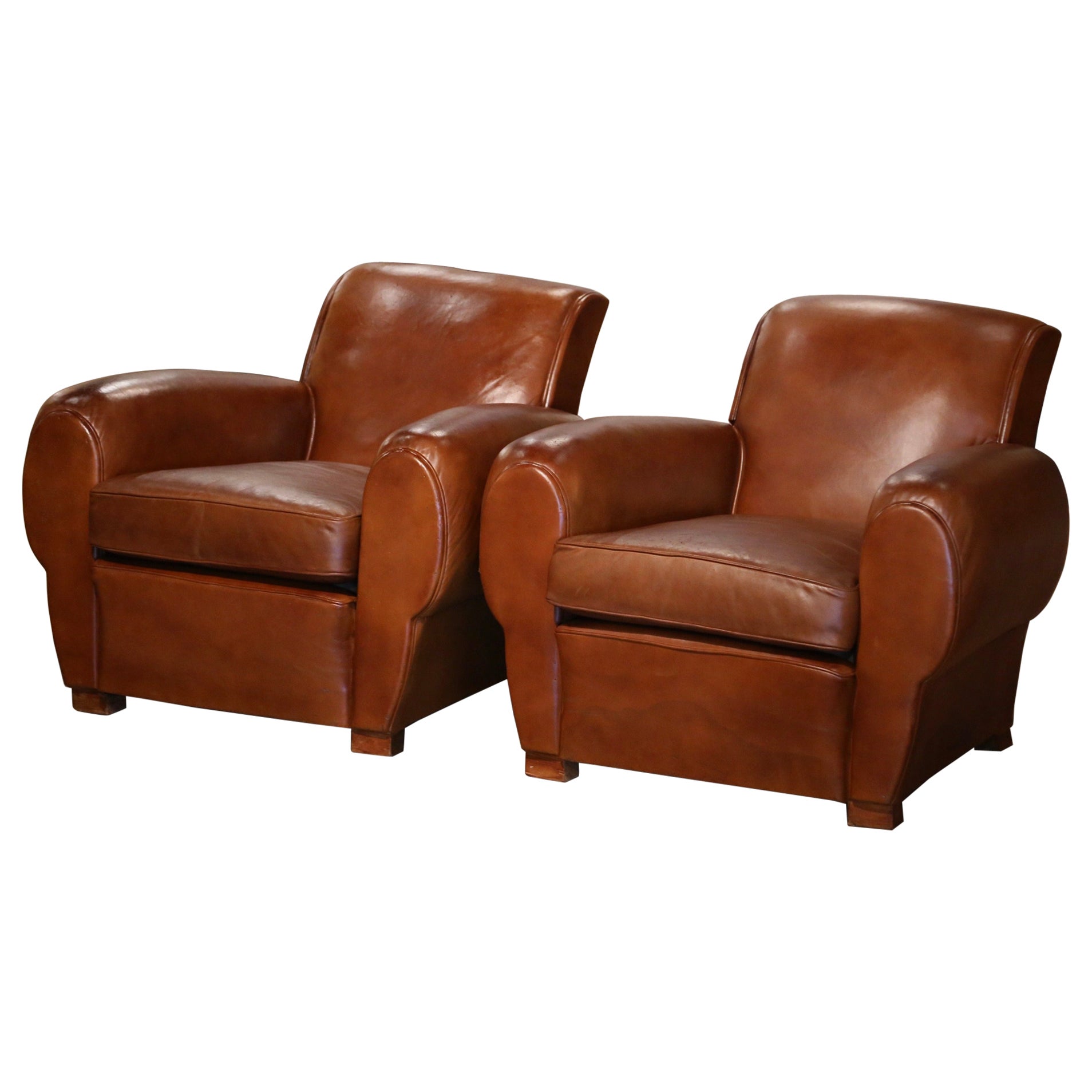 Pair of Early 20th Century French Club Armchairs with Original Brown Leather For Sale