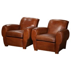 Antique Pair of Early 20th Century French Club Armchairs with Original Brown Leather