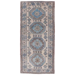 Vintage Turkish Oushak Runner Geometric Patterns and Cool Tones 3'3 x 7'4