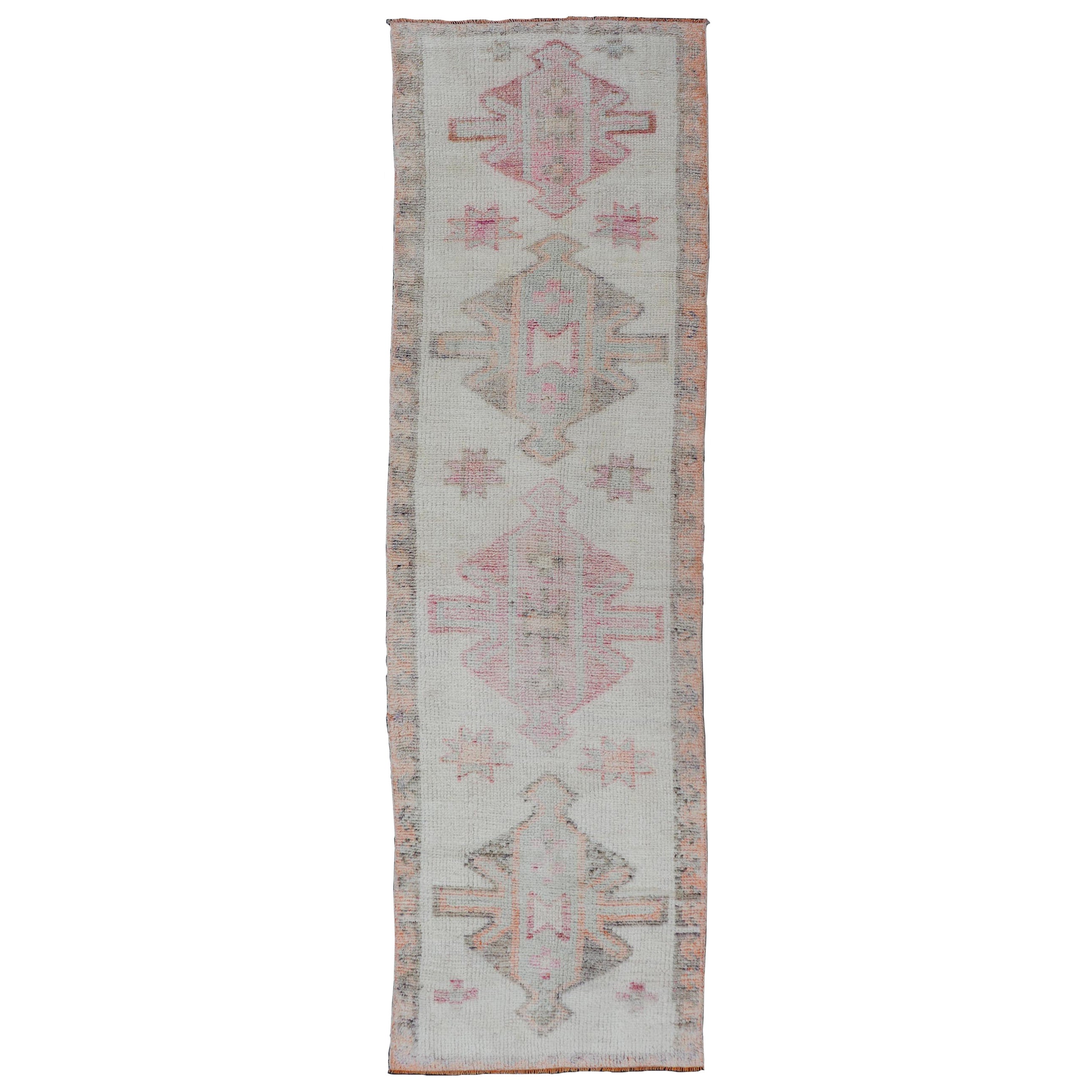 Vintage Turkish Tulu Runner in Soft Pastel Tones With Medallion 3'1 x 11'0