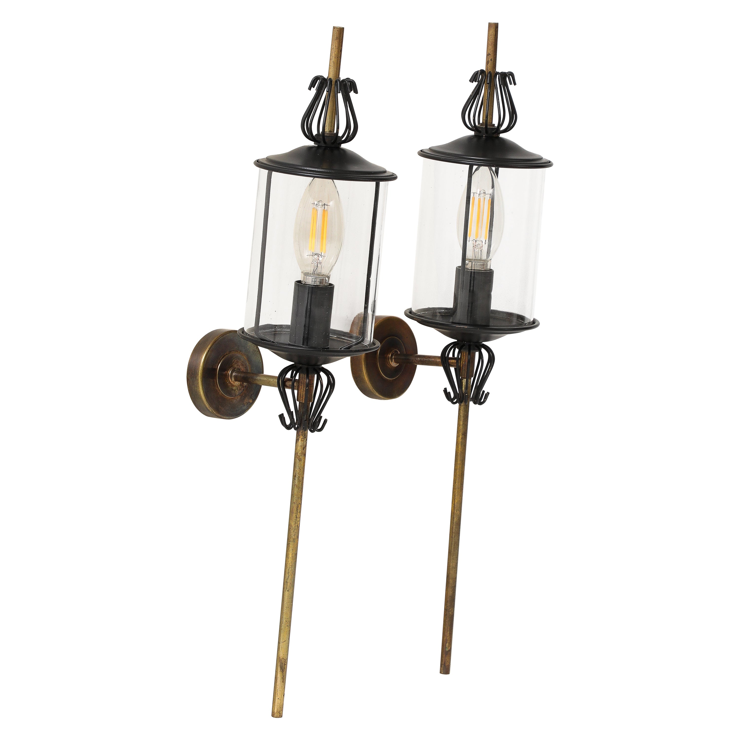 Black Enameled Steel, Tole, Brass and Glass Sconces by Lunel - France 1960's For Sale