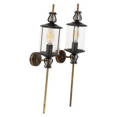 Vintage Black Enameled Steel, Tole, Brass and Glass Sconces by Lunel - France 1960's
