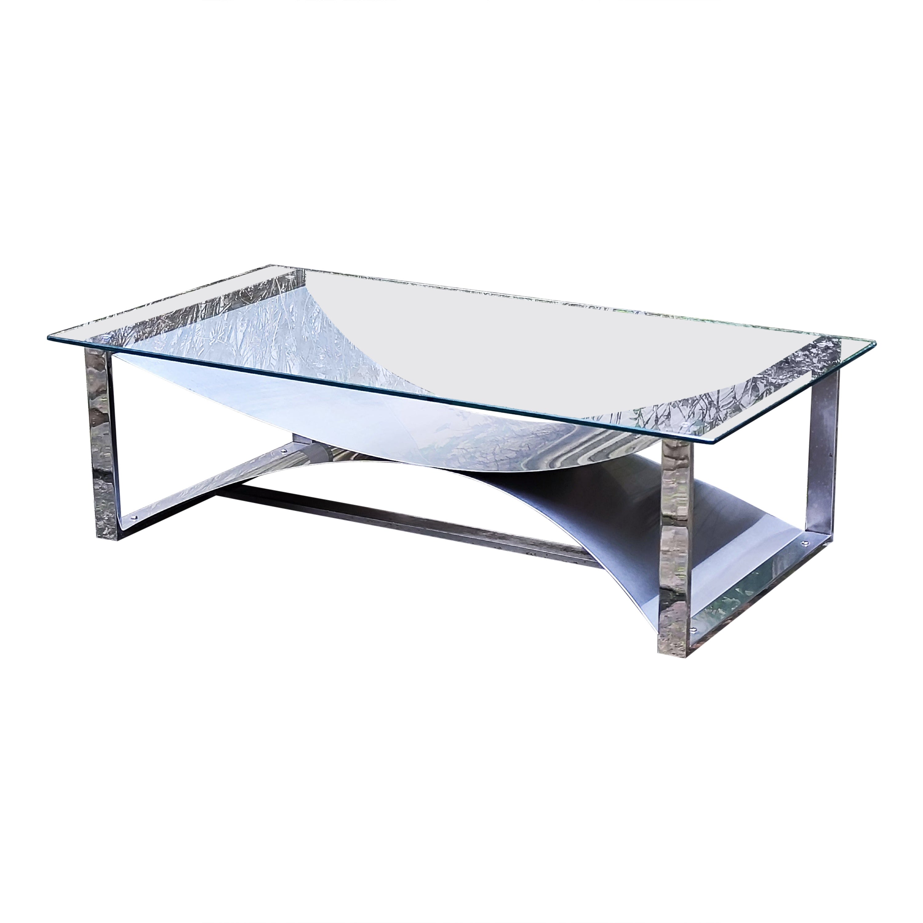 François Monnet brushed steel coffee table with glass top - France - Kappa - 70s For Sale