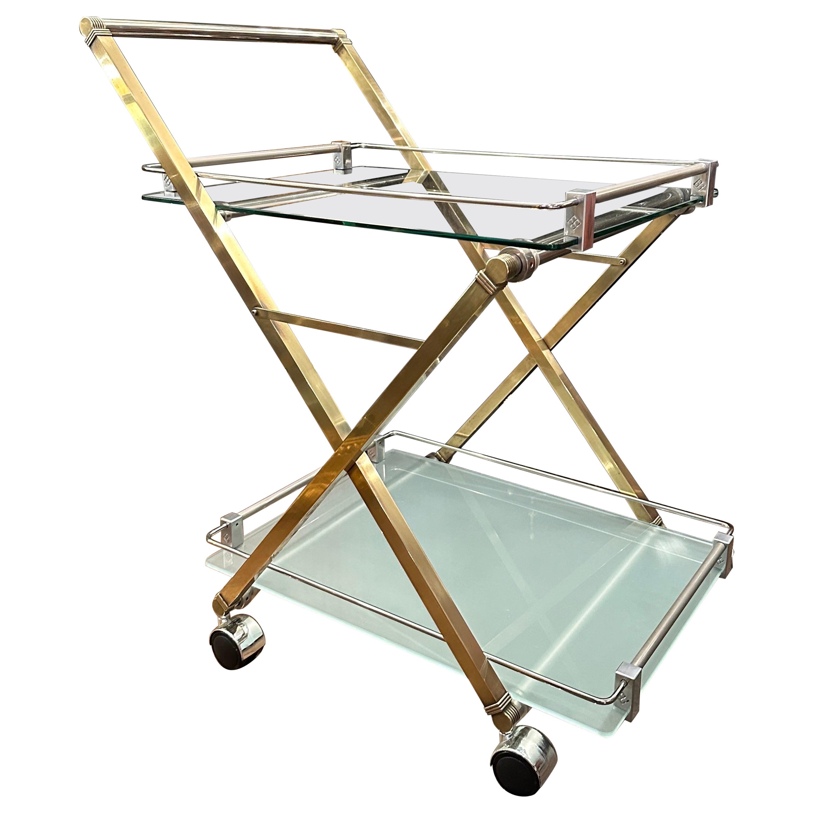 A Brass, Glass And Chrome Peter Ghyczy Bar Cart  For Sale