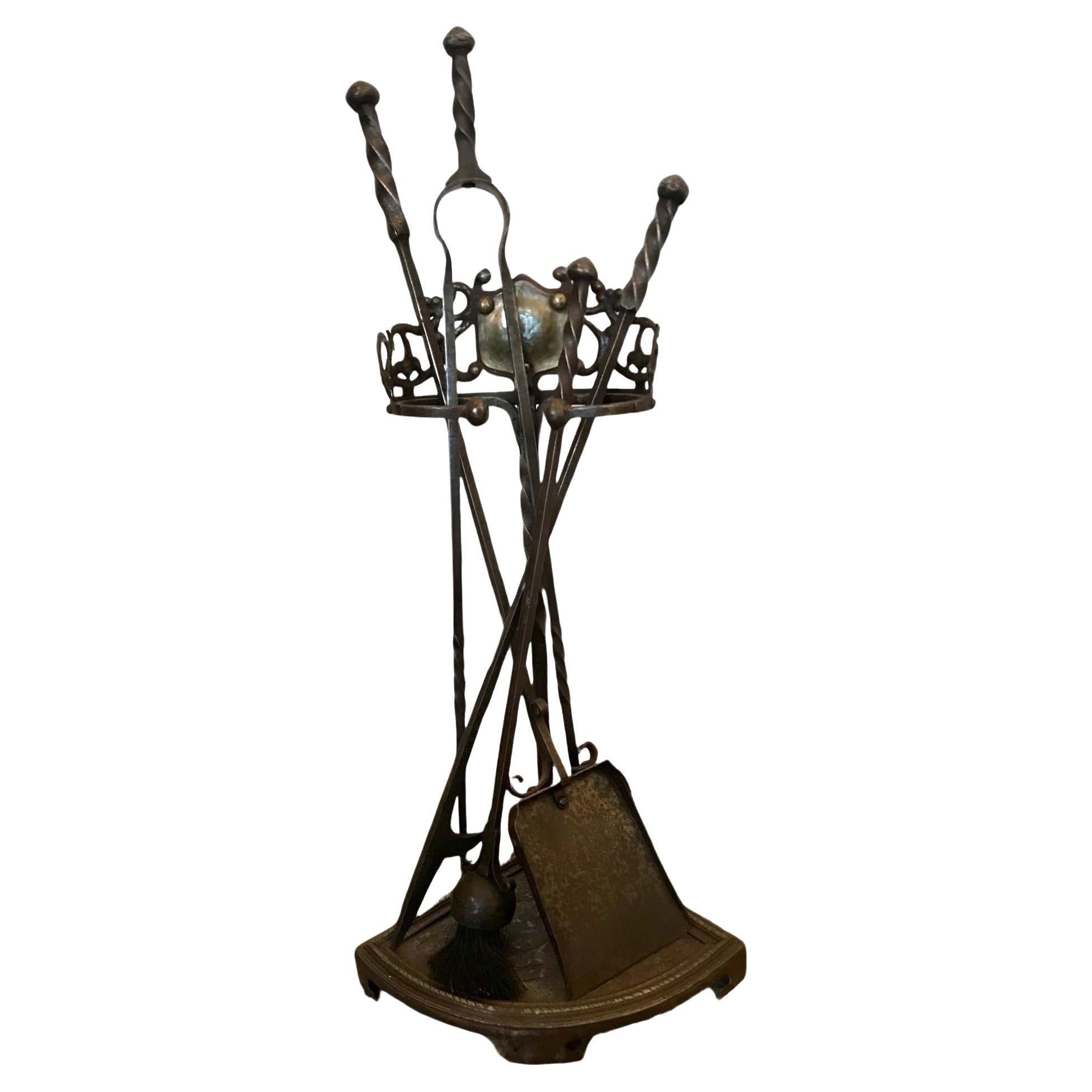 Arts and Craft Wrought Iron Fireplace Tools with Stand For Sale