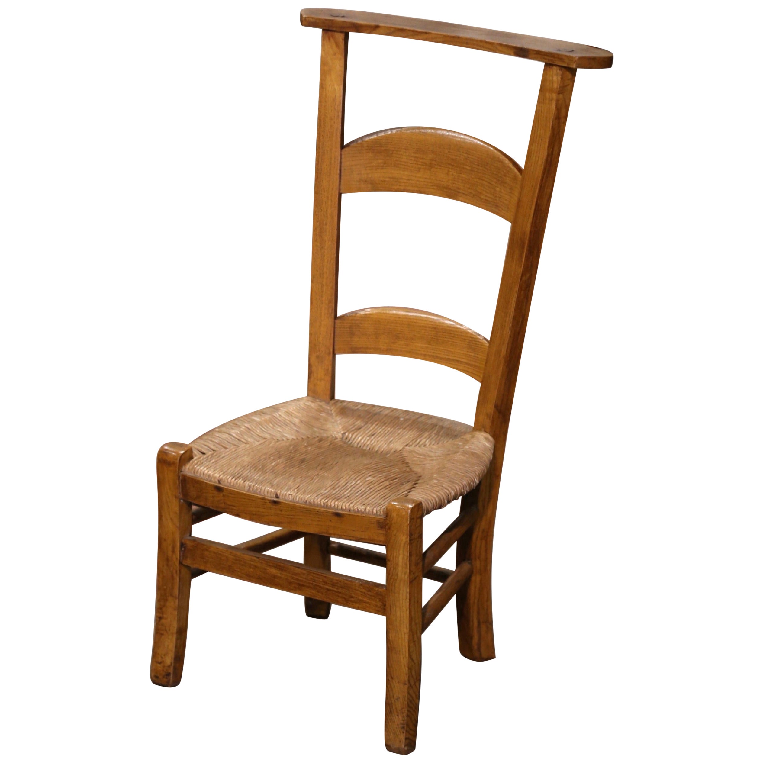 19th Century Country French Beech Wood and Rush Prayer Chair from Normandy For Sale
