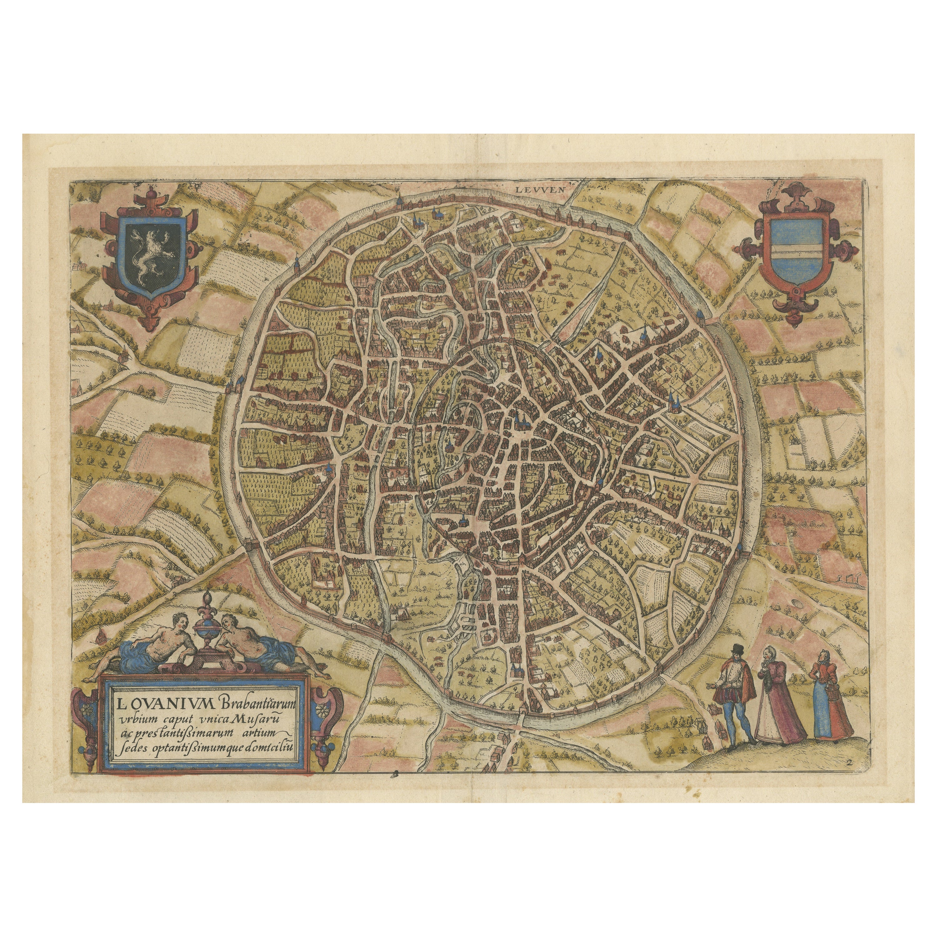 Antique Map of the City of Leuven, Belgium, with Original Coloring, 1609 For Sale