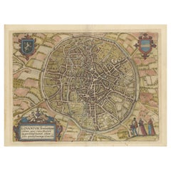 Antique Map of the City of Leuven, Belgium, with Original Coloring, 1609