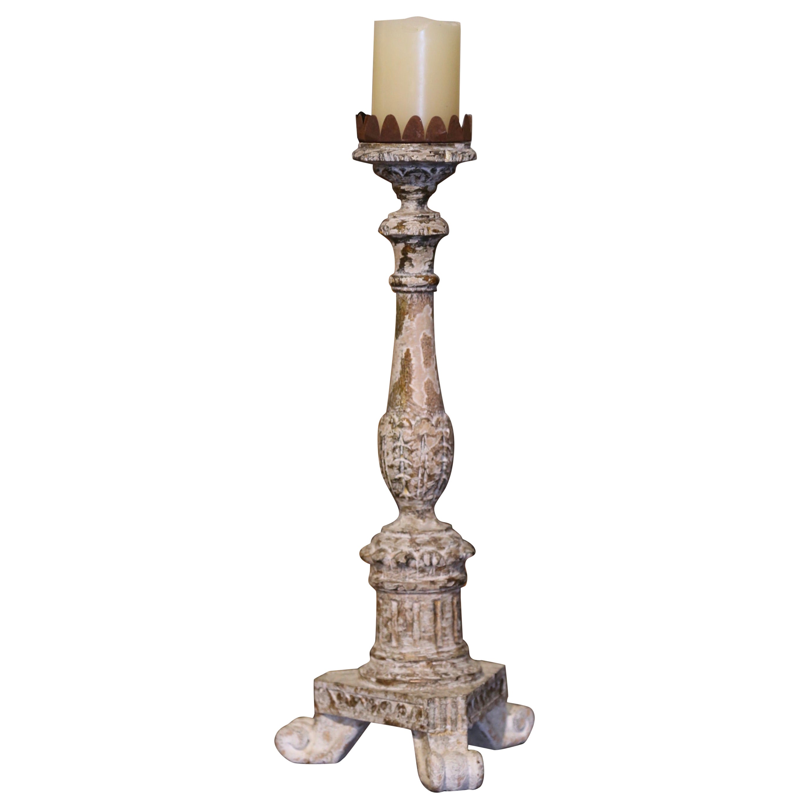 19th Century Italian Polychrome Carved Giltwood and Painted Candlestick For Sale