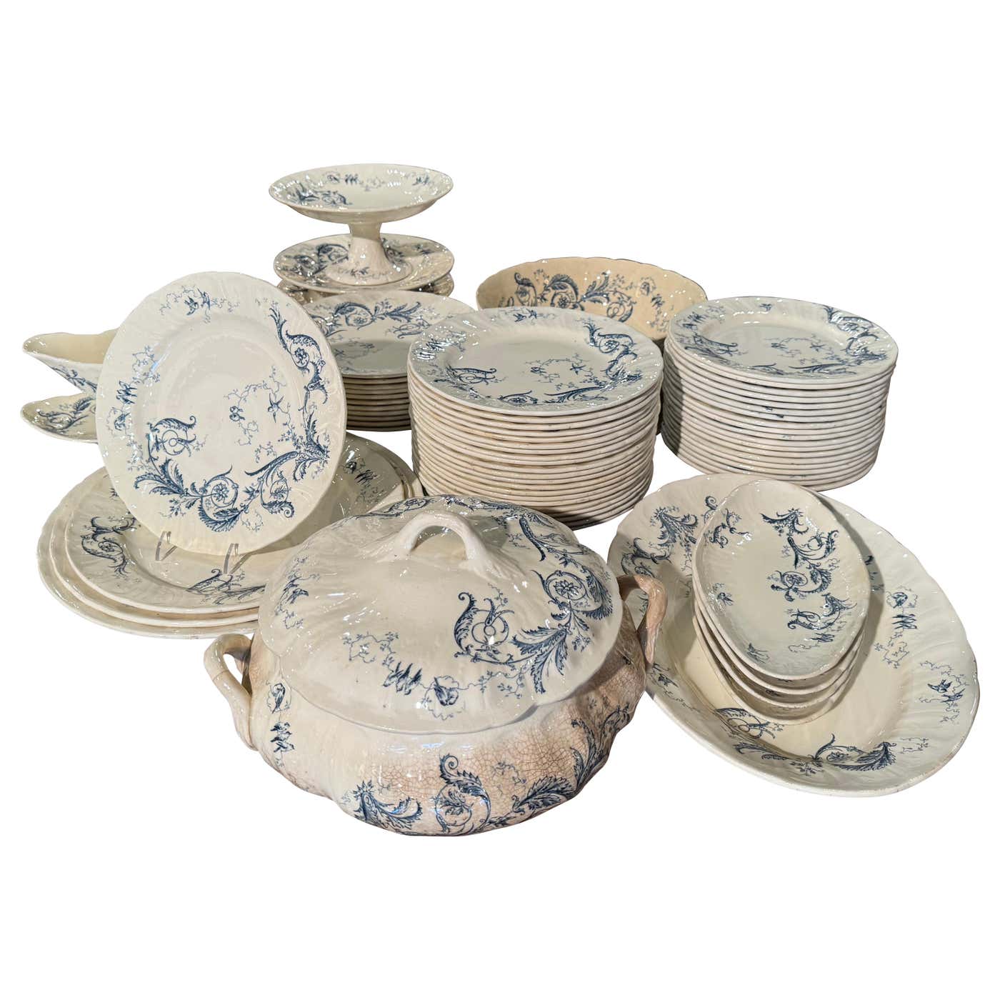 19th Century French Blue and White Gien Porcelain Dinnerware, 67 Pieces ...
