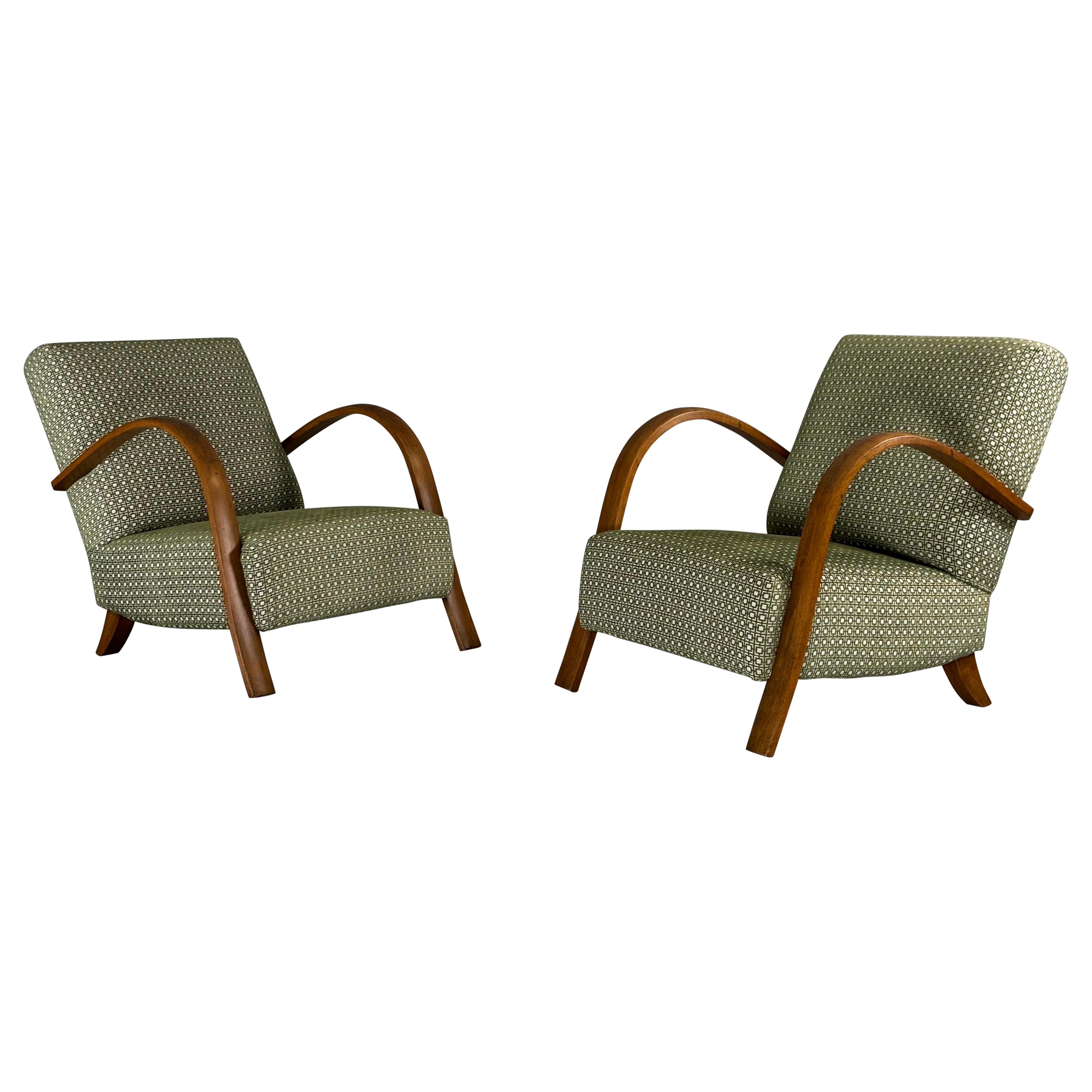 Wood and fabric armchairs, 1940s, set of 2 For Sale