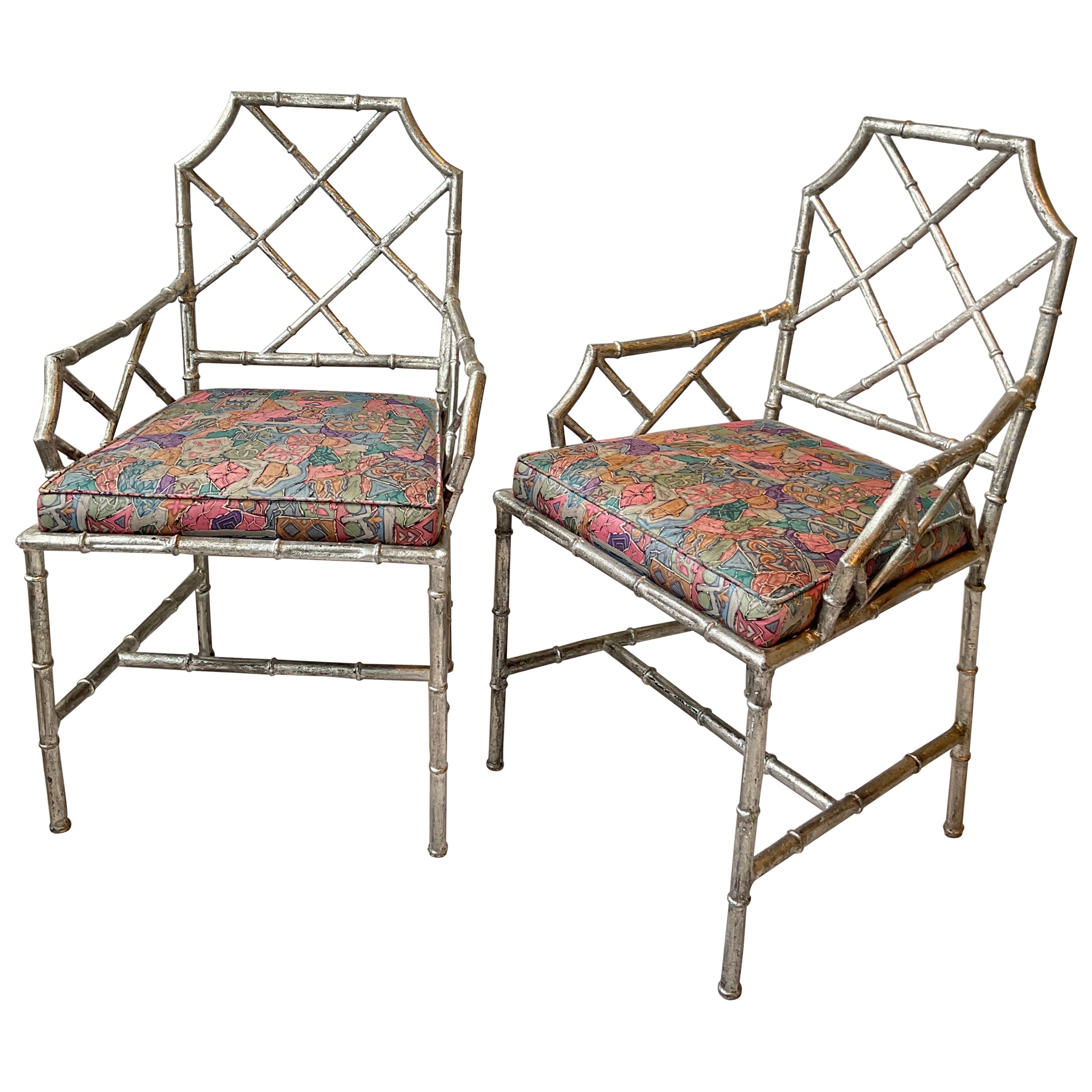 Pair Of 1980s Italian Silver Leaf Faux Bamboo Chairs For Sale