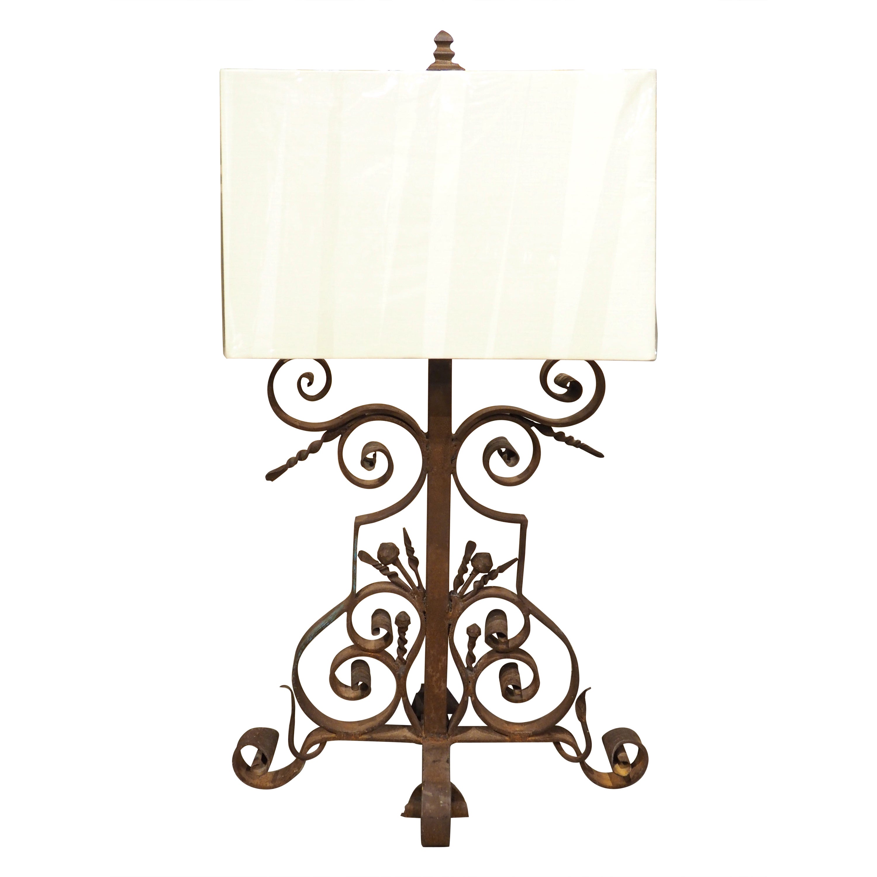 Vintage Wrought Iron Table Lamp with Linen Shade For Sale