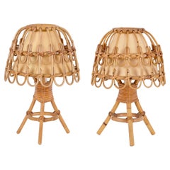Pair of Midcentury Table Lamps in Rattan and Wicker, Louis Sognot, France, 1960s