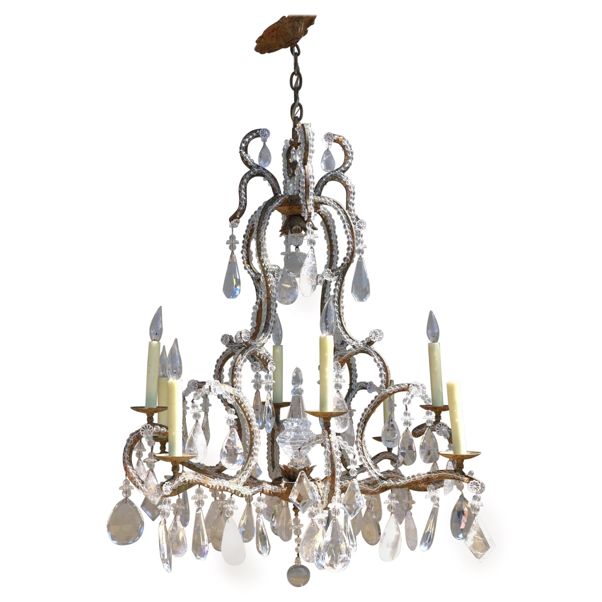 Mid 20th Century Rock Crystal Eight Light Chandelier For Sale
