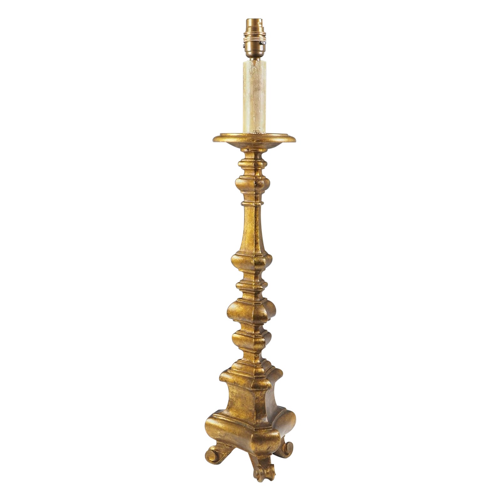 19th Century Carved Wood and Giltwood Candlestick Table Lamp