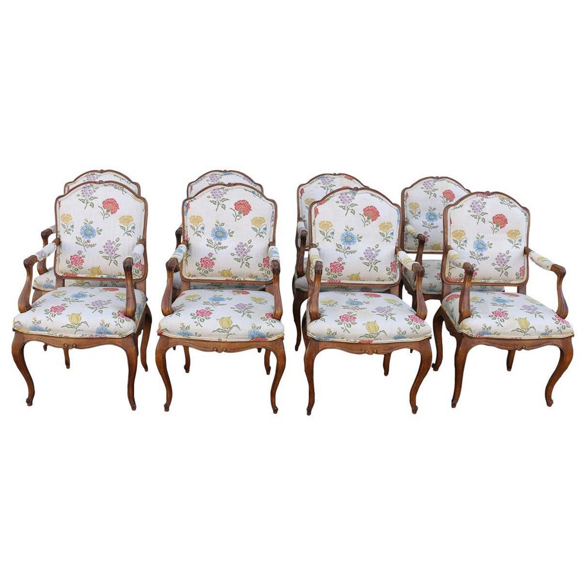 Vintage Set of Eight French Provincial Louis XV Style Dining Armchairs For Sale