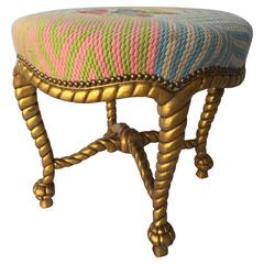Vintage Carved Wood Rope and Tassel Form Stool with Needlepoint Style Seat