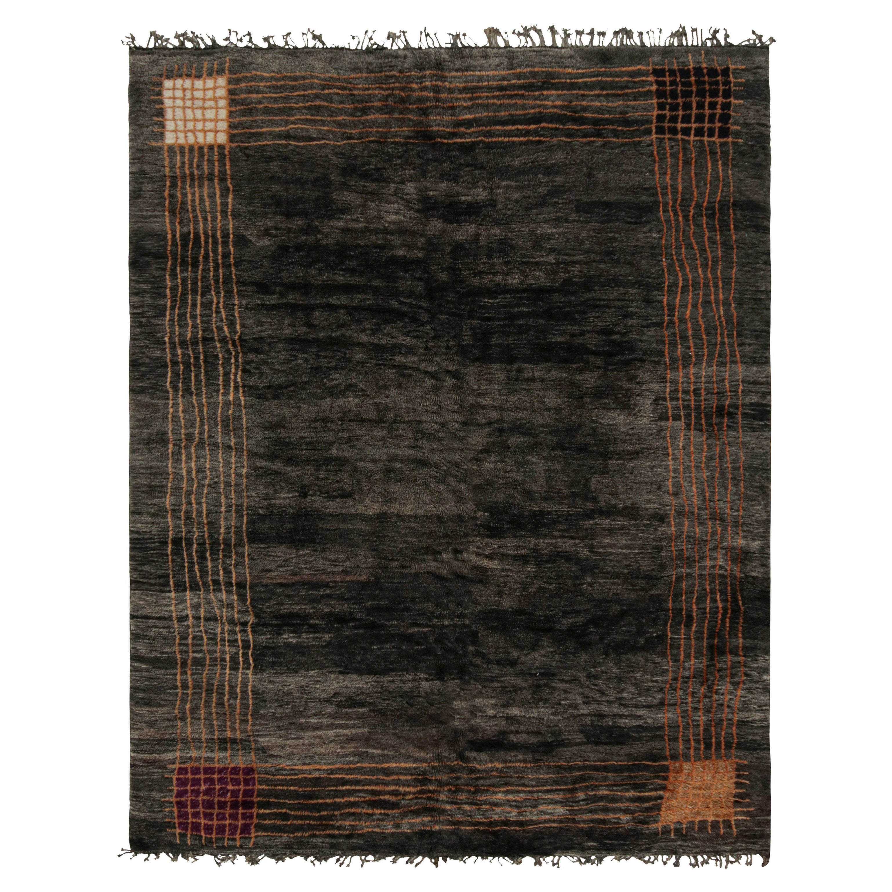 Rug & Kilim’s Moroccan Rug in Black with Orange Art Deco Style For Sale