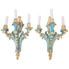 Rare Pair of Turquoise and Gold Porcelain Sconces by Minton