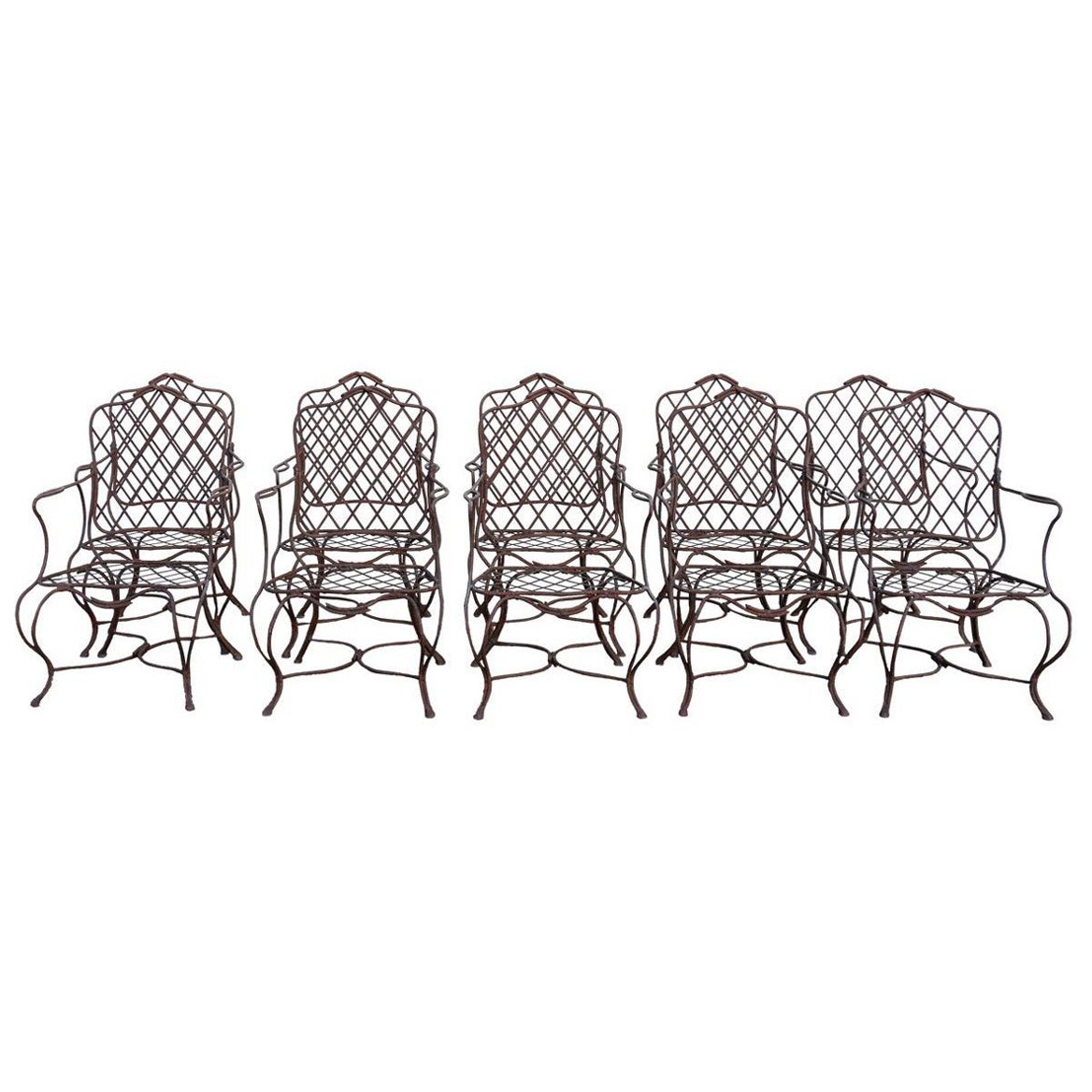 Vintage Set of Ten Gregorius Pineo Twig Iron Outdoor Dining Armchairs