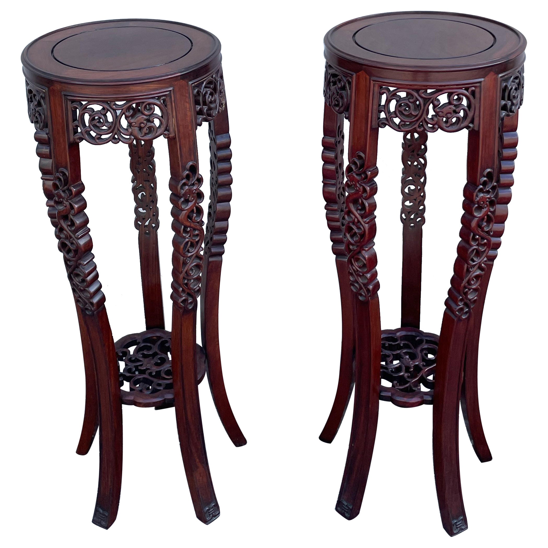 Vintage Pair of Carved Rosewood Pedestals For Sale