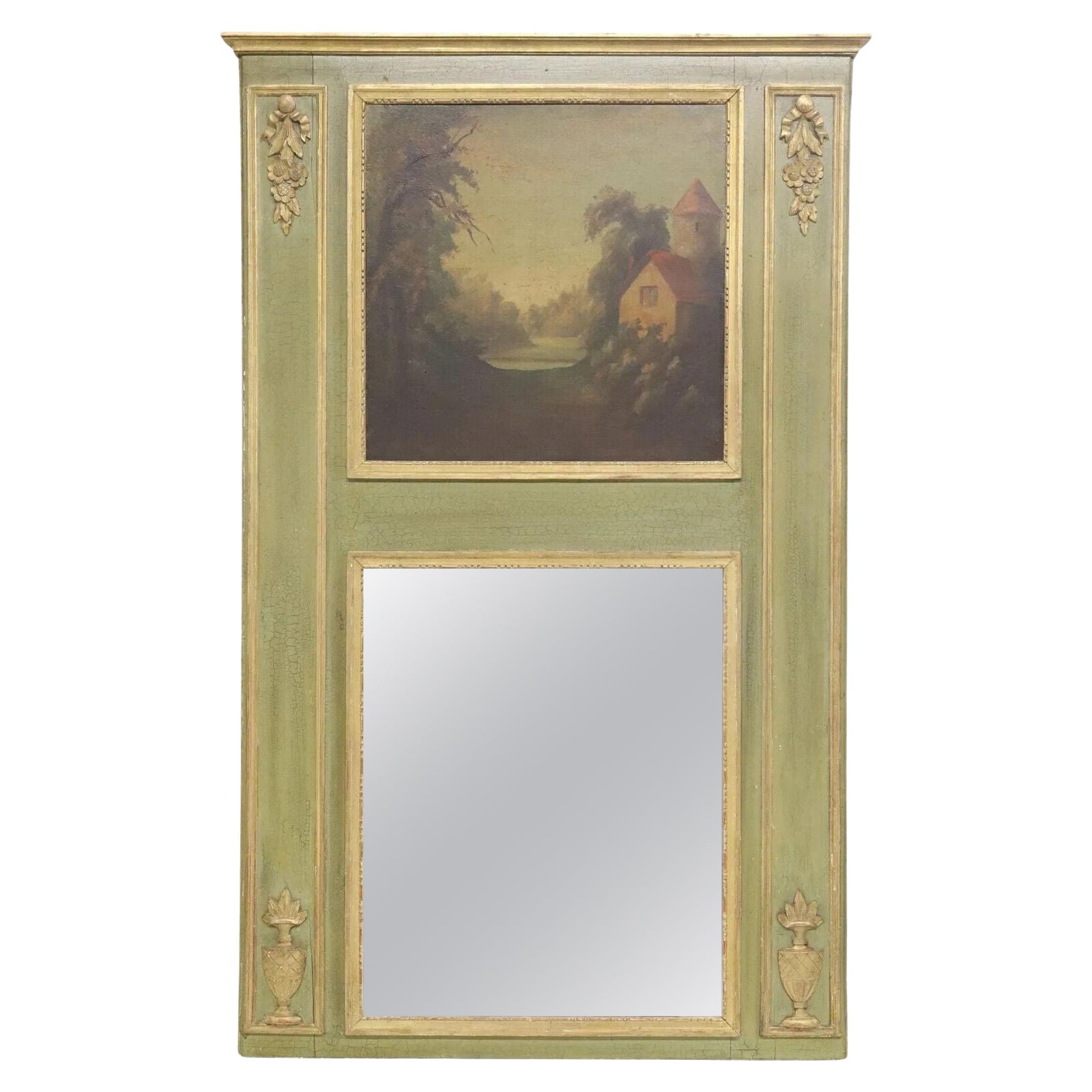 20th C. Trumeau, French Louis XVI Style, Parcel Gilt & Painted 71" H, Mirror!! For Sale