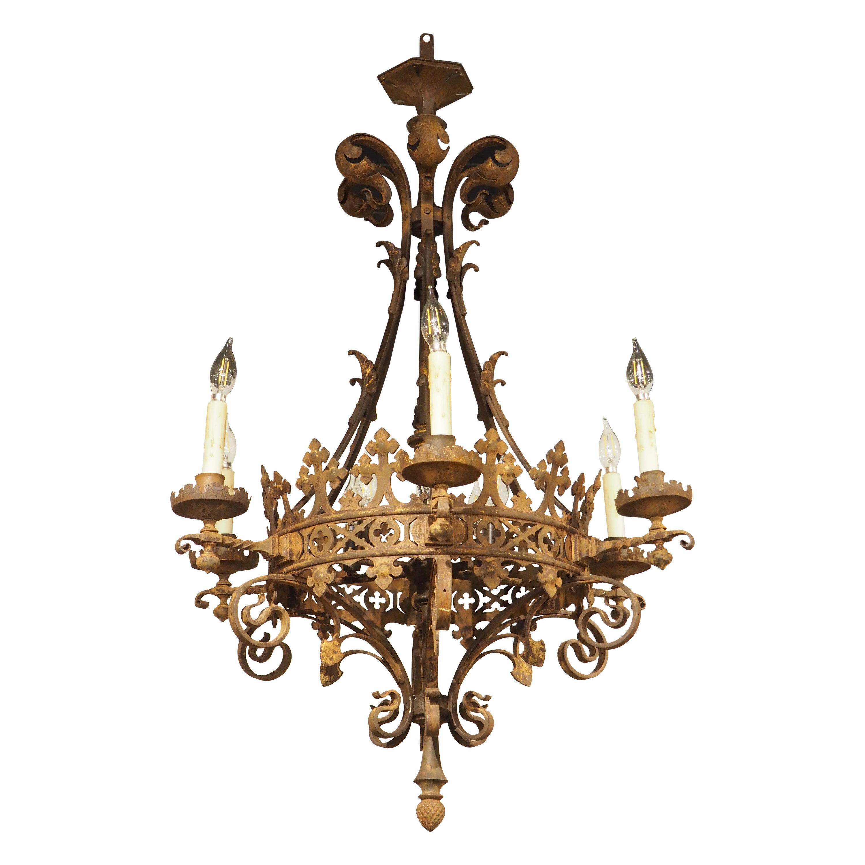 Antique French Wrought Iron Gothic Style Chandelier, Circa 1880