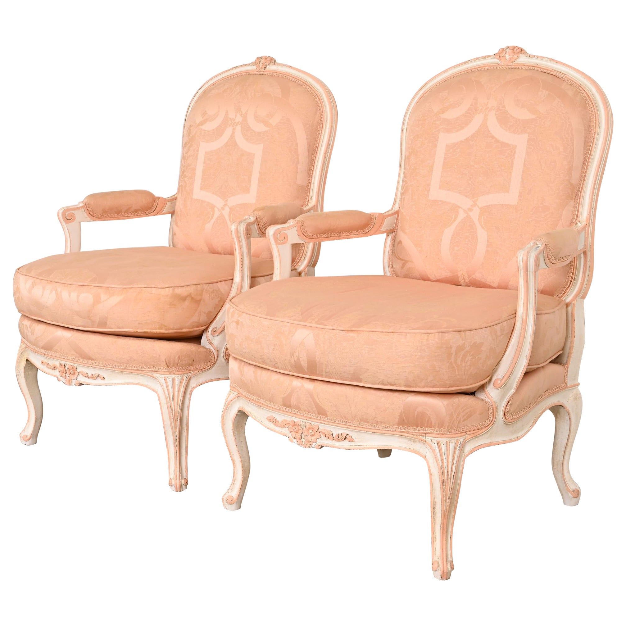 French Provincial Louis XV Carved Painted Walnut Fauteuils, Pair For Sale