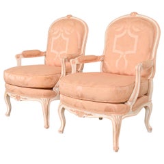 Retro French Provincial Louis XV Carved Painted Walnut Fauteuils, Pair