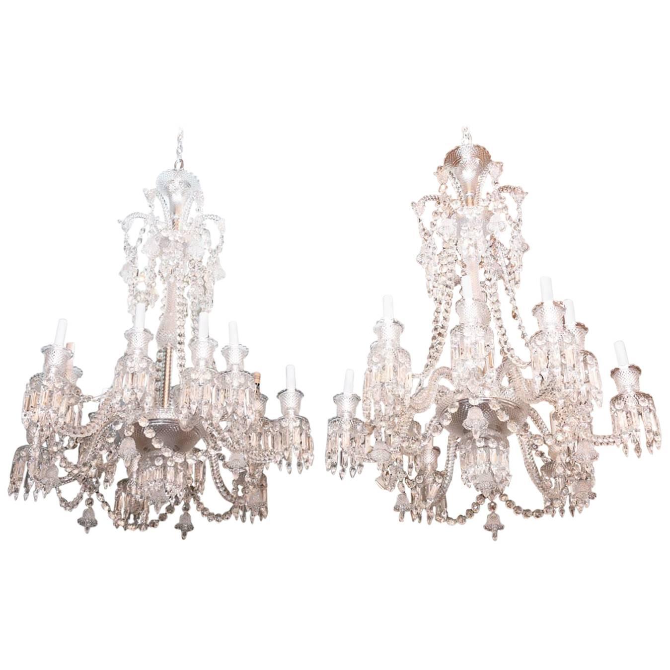 Pair of Baccarat Glass Twelve-Arm Chandeliers, Signed Baccarat