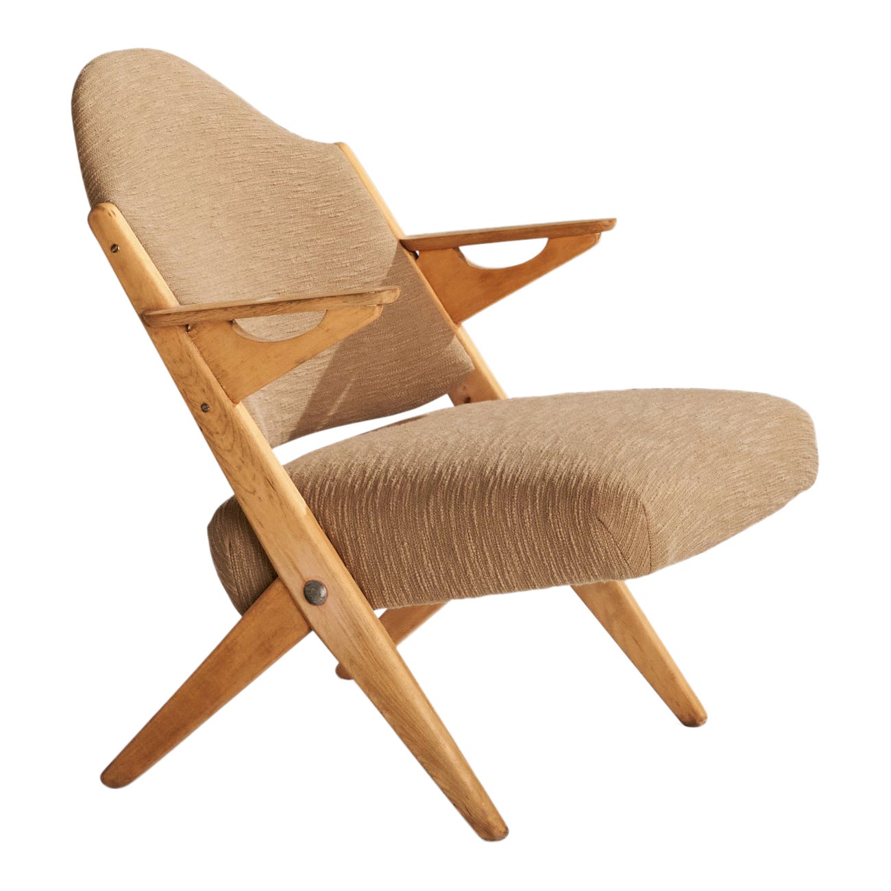 Arne Hovmand-Olsen, Lounge Chair, Beech, Fabric, Denmark, 1950s For Sale