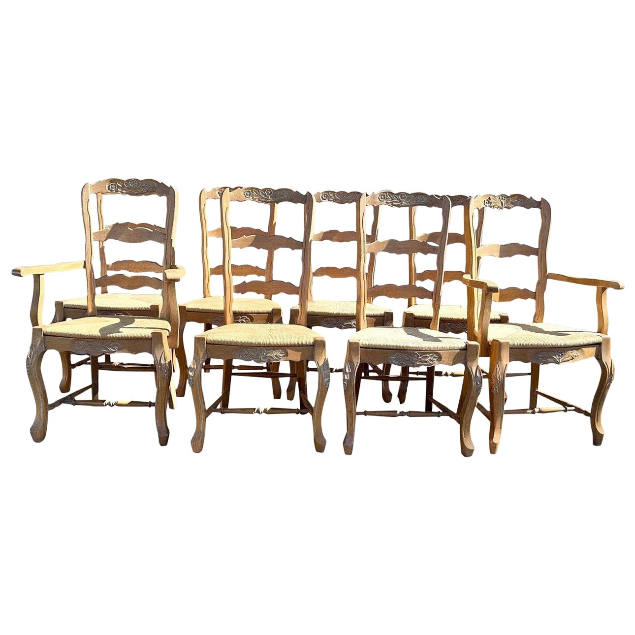 Country French Set of Eight Ladderback Dining Chairs For Sale