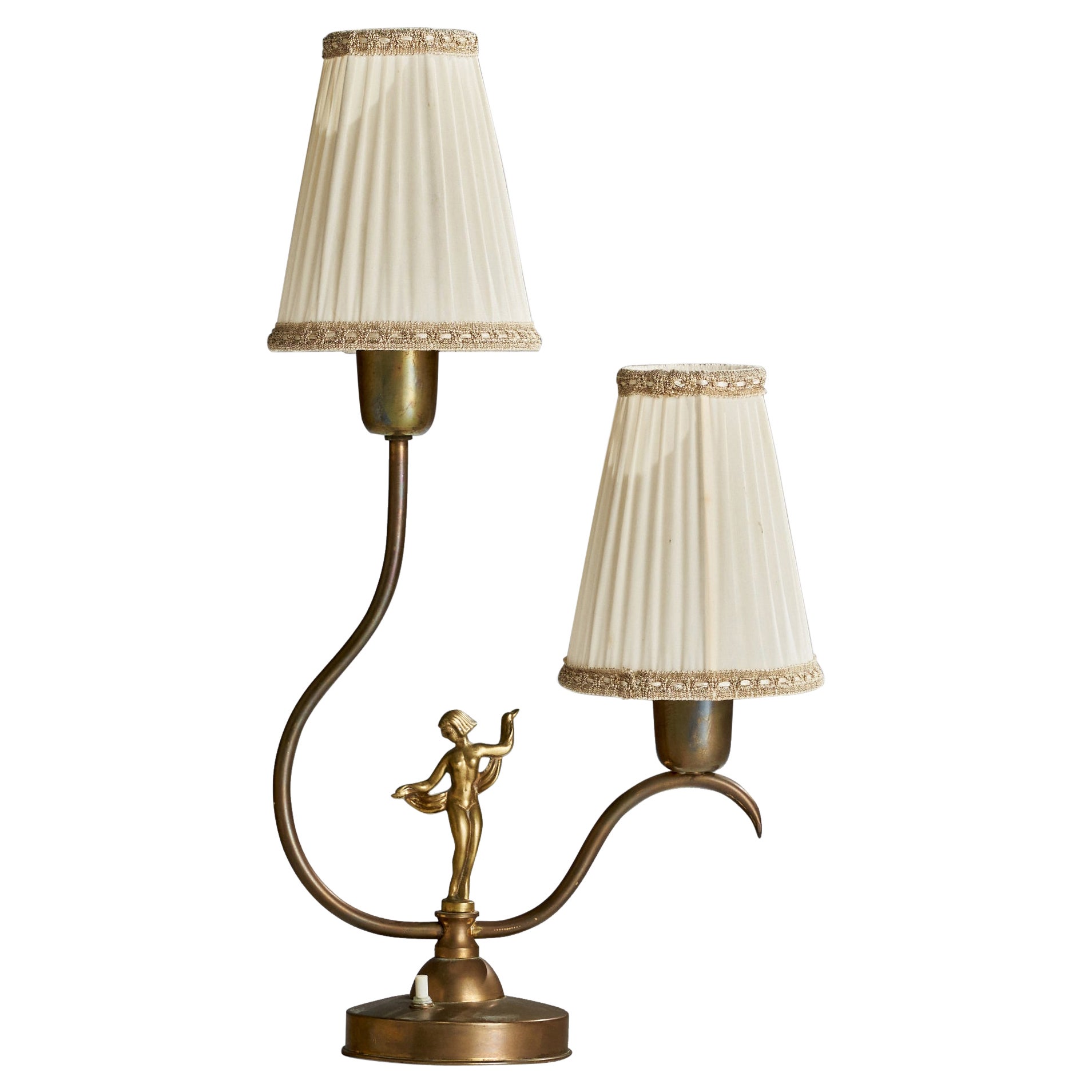 Swedish Designer, Table Lamp, Brass, Fabric, Sweden, 1930s For Sale