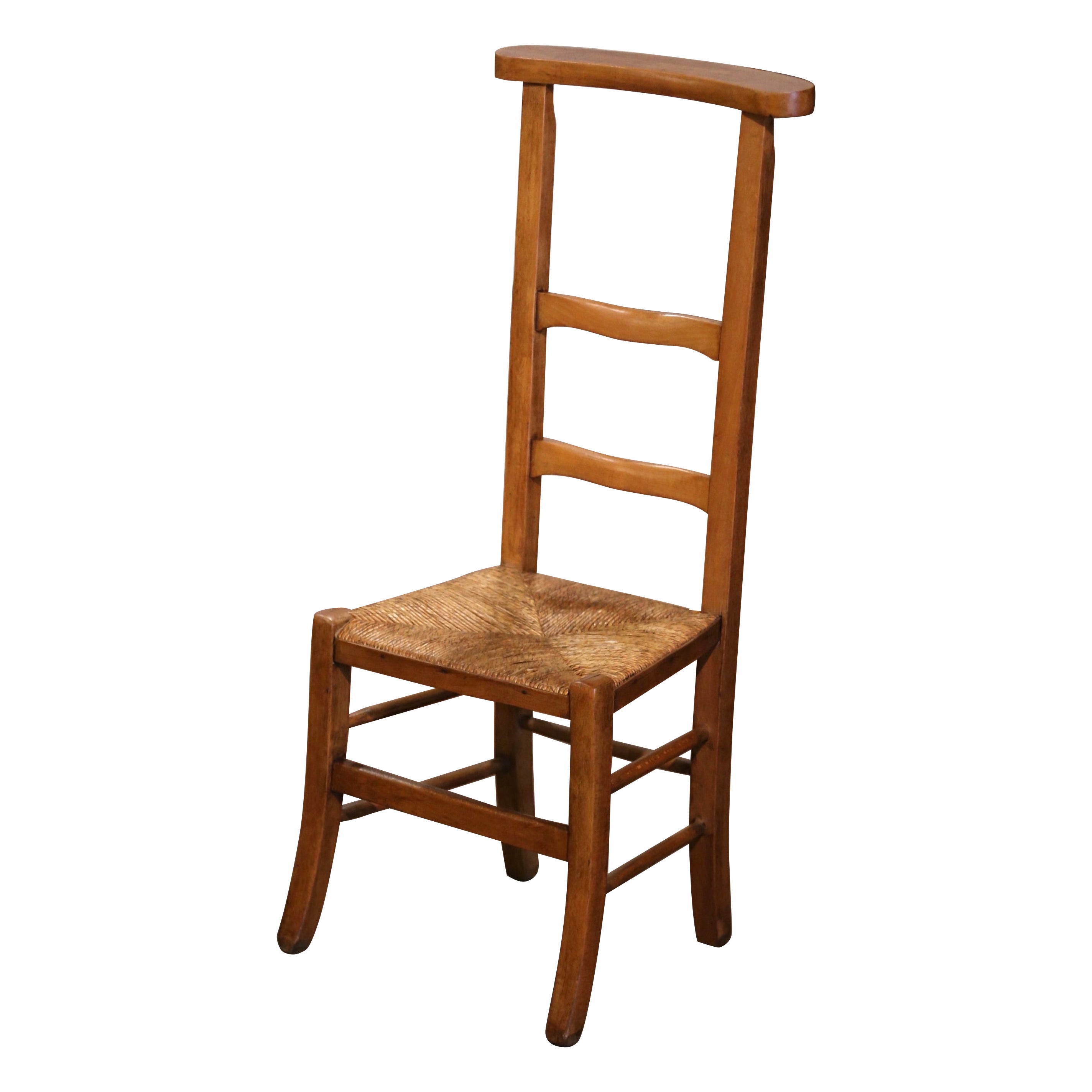 19th Century Country French Beech Wood and Rush Prayer Chair from Normandy For Sale