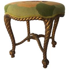 Vintage Italian Carved Wood and Gilt Rope and Tassel Stool with Needlepoint Seat