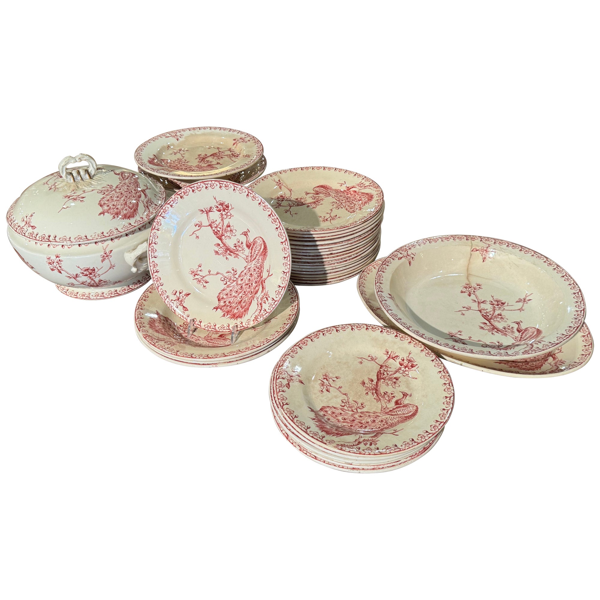 19th Century French Red and White Gien Porcelain Peacock Dinnerware, 32 Pieces For Sale