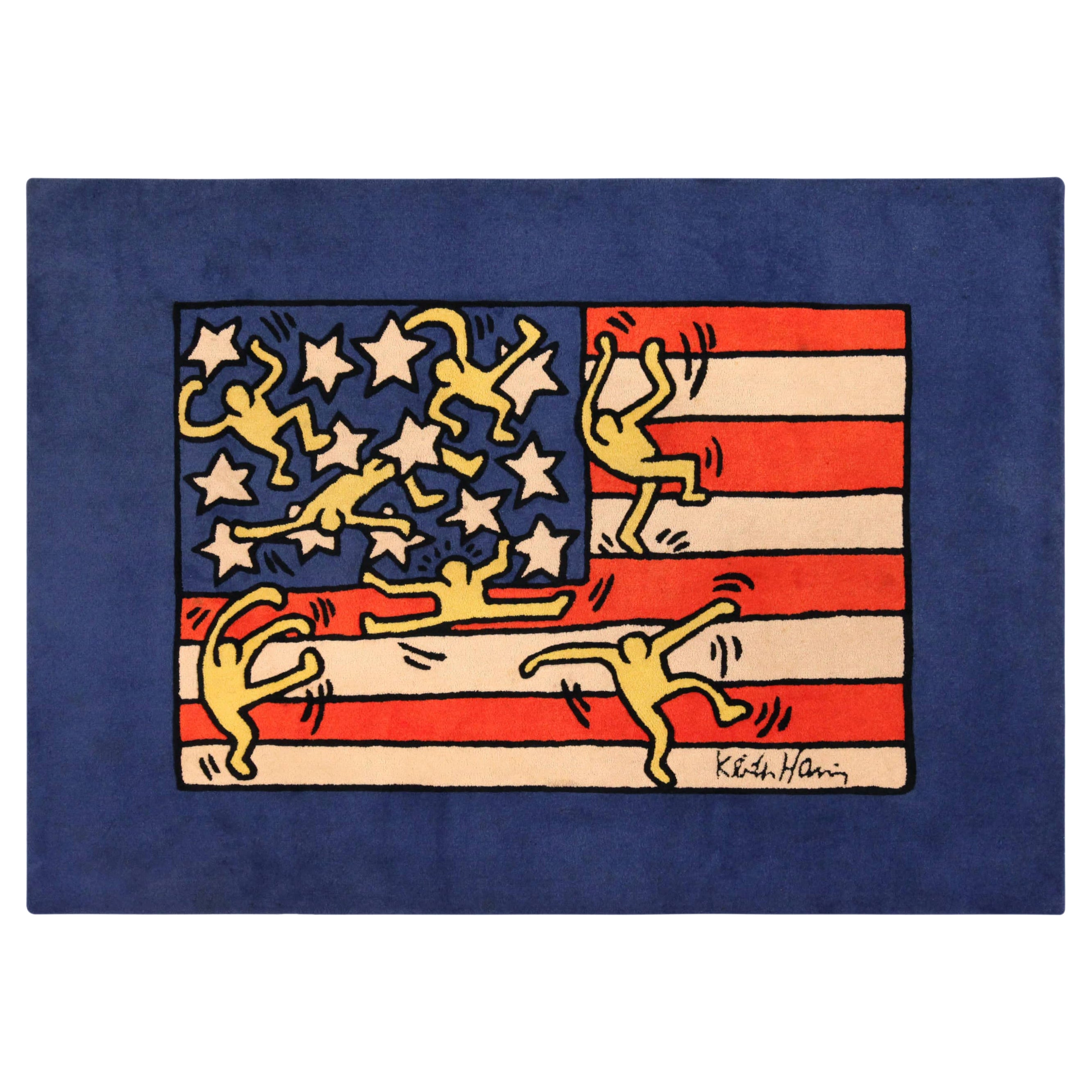 Beautiful “Born In USA” Vintage Art Rug By Keith Haring 7'10" x 5'8" For Sale