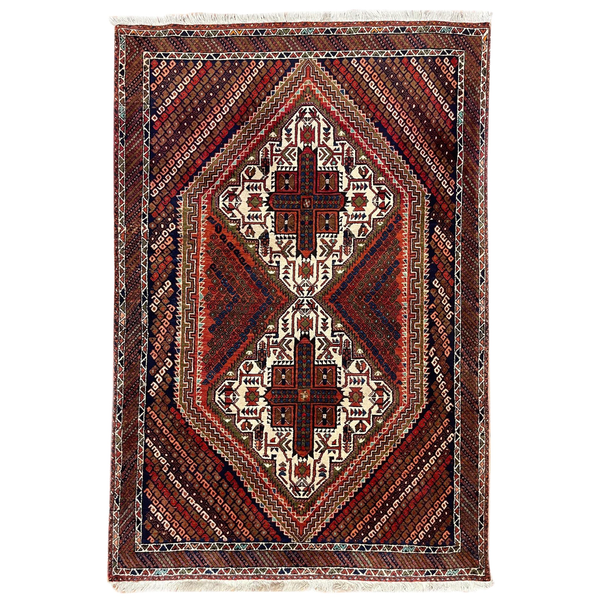 Persian Hand Knotted Geometric Afshar Rug Circa 1950 For Sale