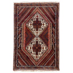 Vintage Persian Hand Knotted Geometric Afshar Rug Circa 1950