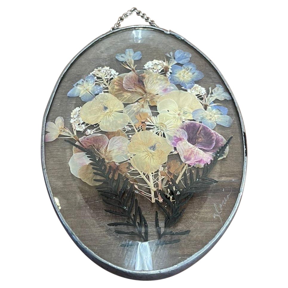Vintage Dried Pressure Flower Decorative Wall Hanging Within Glass Frame.