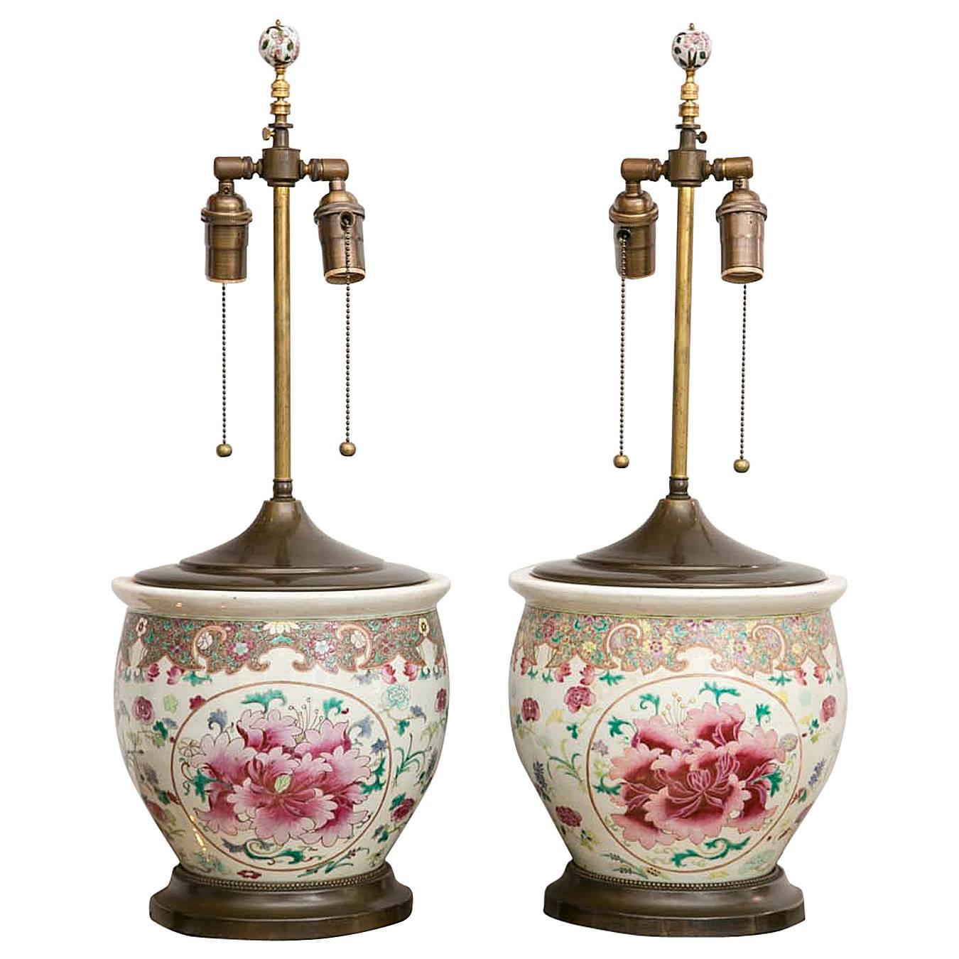 Pair of Early 20th Century Chinese Export Peony Design Table Lamps