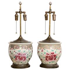 Pair of Early 20th Century Chinese Export Peony Design Table Lamps 3