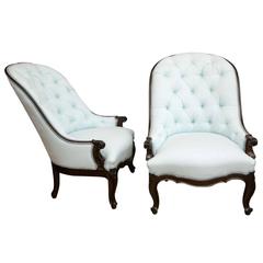 Pair of Napoleon III Period Rosewood and Tufted Upholstery Bergeres 8