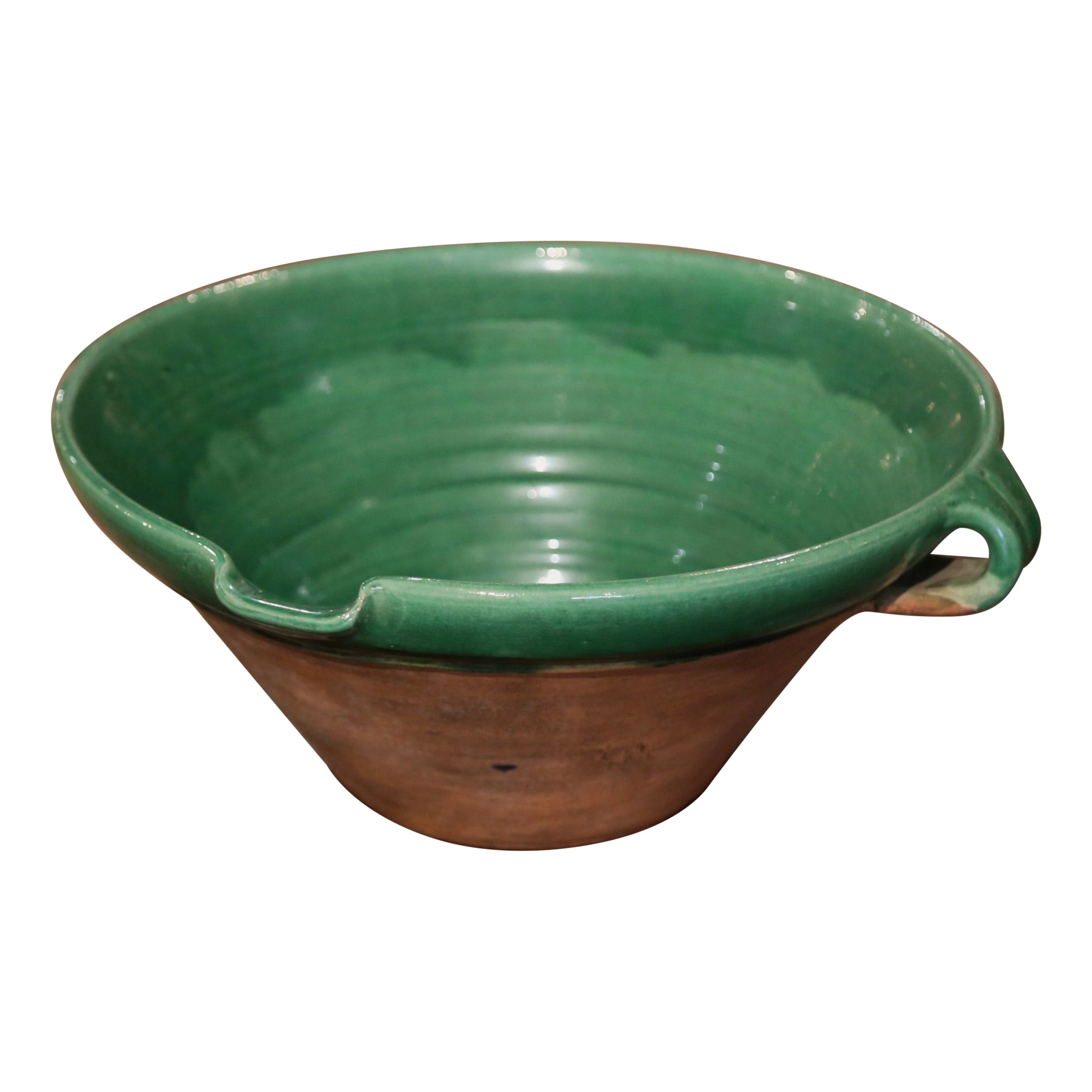 Mid-Century French Green Glazed Terracotta Tian Bowl from Anduze Provence For Sale