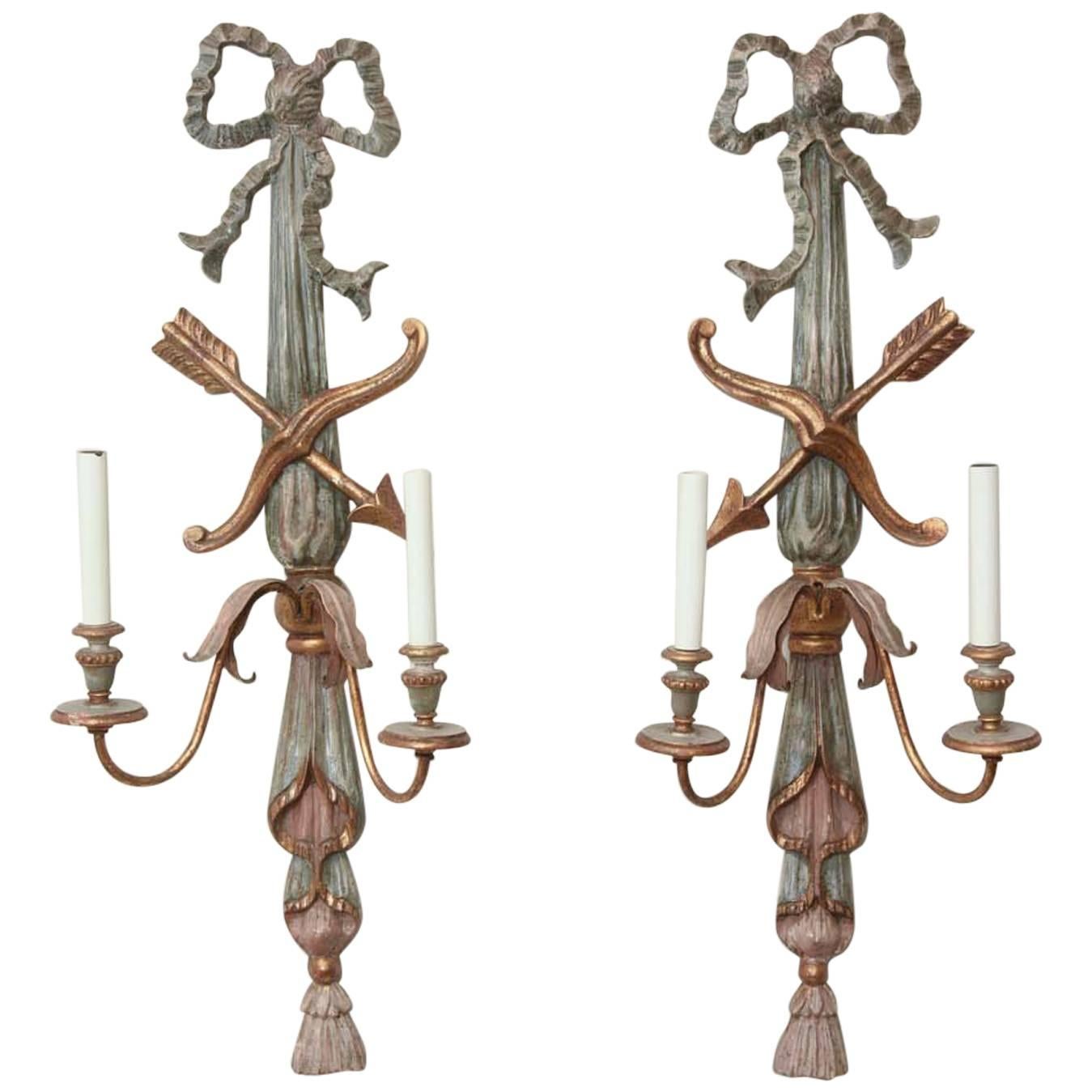 Pair of Italian Polychromed Wood Classical Form Wall Sconces