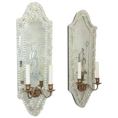 Opposing Pair of Etched Venetian Mirrored Sconces, circa 1940s           
