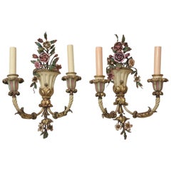 Antique Pair of Finely-Made Floral Urn Form Wall Sconces, Early 20th Century