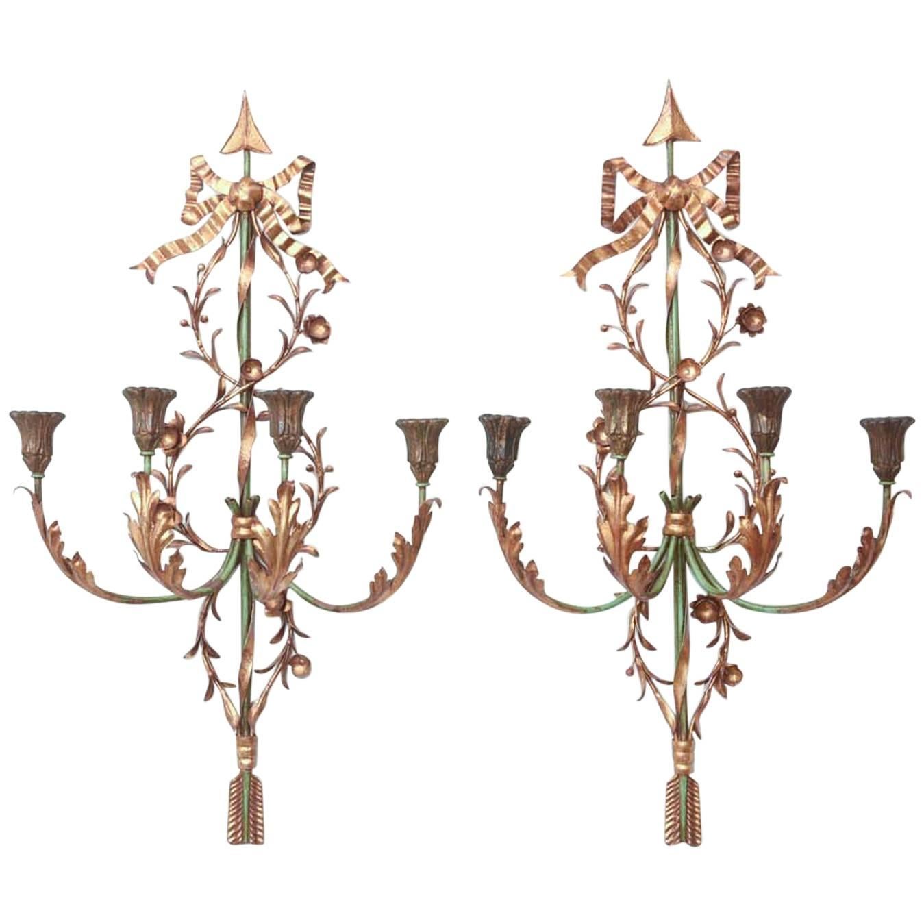 Pair of Italian Painted and Gilded Iron Foliate Sconces For Sale